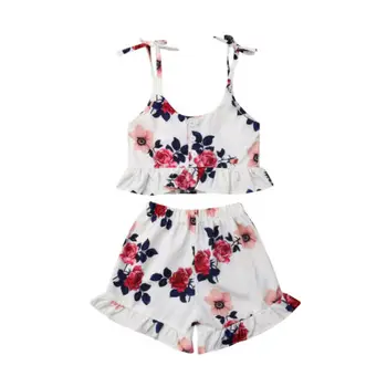 Baby girl drabužiai 2VNT Vaikas Baby Girl Pynimas Pasėlių Gėlių Spausdinti Viršūnes Gėlių Kelnes 2vnt Komplektus Drabužių Vasaros 0-3T