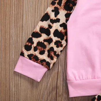 Baby Girl ilgomis rankovėmis Kelnės Kostiumas asmenybės Leopard Susiuvimo Apvalios Kaklo marškinėliai ir Elastinga Ilgas Kelnes Rinkinys
