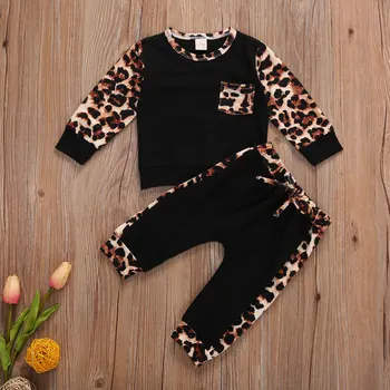 Baby Girl ilgomis rankovėmis Kelnės Kostiumas asmenybės Leopard Susiuvimo Apvalios Kaklo marškinėliai ir Elastinga Ilgas Kelnes Rinkinys