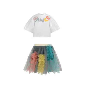 Baby girl rinkiniai 2019 m. pavasario, vasaros nauji vaikiški drabužiai pusė rankovės laiškas spausdinti + akių sijonai 2 vnt rinkiniai vaikams princesė kostiumas w352