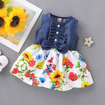 Baby Vaikų Mergaičių 12M-4T Saulėgrąžų Gėlių Džinsinio audinio Suknelė be Rankovių Vasaros Atostogų Sundress