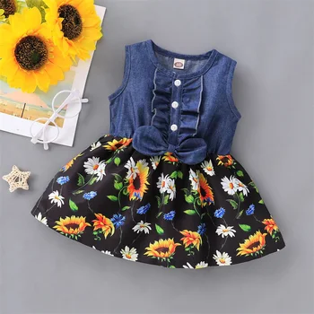 Baby Vaikų Mergaičių 12M-4T Saulėgrąžų Gėlių Džinsinio audinio Suknelė be Rankovių Vasaros Atostogų Sundress