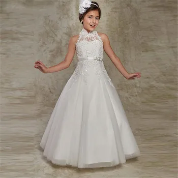 Balta Gėlė Mergina Suknelė Vestuvėms Kristalų China Nėrinių Aplikacijos Suknelė Mažai Mergaitei Pirmosios Šventosios Komunijos Suknelės, Šaliai
