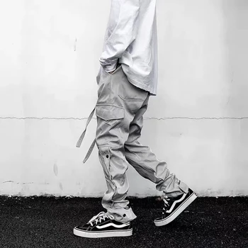 Balta Krovinių Sweatpant Hip-Hop Velcro Dirželis Uždarymo Kelnės Miesto Streetwear Kanye West Cargo Kelnės Vyrams Derliaus Kombinezonas Kelnės