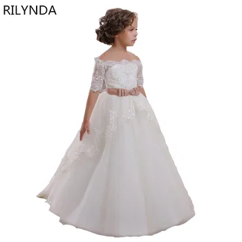 Baltos Spalvos Dramblio Kaulo Nėrinių Gėlių Mergaičių Suknelės Su Diržu Grindų Ilgis Mergaičių Pirmosios Komunijos Suknelė Princesė Mergina Suknelė