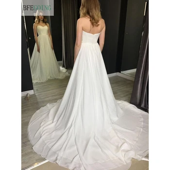Baltos Spalvos Šifono Satino Brangioji Stebėjimo Vestuvinės Suknelės Grindų-Ilgis A-Line Wedding Suknelė Koplyčia Traukinys Užsakymą