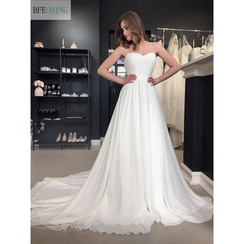 Baltos Spalvos Šifono Satino Brangioji Stebėjimo Vestuvinės Suknelės Grindų-Ilgis A-Line Wedding Suknelė Koplyčia Traukinys Užsakymą