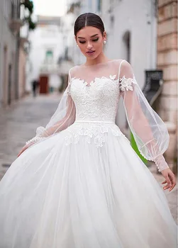 Baltos Vestuvinės Suknelės Boho ilgomis Rankovėmis A-line Bridal Suknelės Su Diržo Nėrinių Appliques Paplūdimio Tull Nuotakos Suknelė pagal Užsakymą