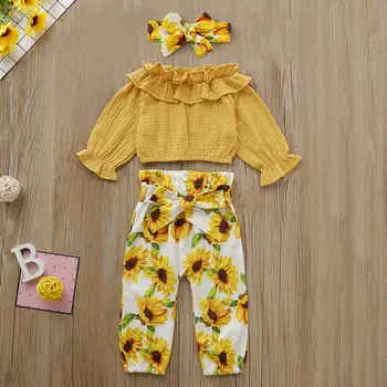 Bamblys Baby Kid Mergina Gėlių Komplektus Mergaitės Long Sleeve T-shirt Viršūnes+Ziajać+Lankelis 3Pcs Drabužių Rinkinys 1-4T Vasaros Drabužių