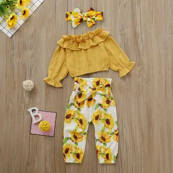 Bamblys Baby Kid Mergina Gėlių Komplektus Mergaitės Long Sleeve T-shirt Viršūnes+Ziajać+Lankelis 3Pcs Drabužių Rinkinys 1-4T Vasaros Drabužių