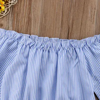 Bamblys Baby Kid Merginos Mėlyna Balta Dryžuotas ilgomis Rankovėmis Palaidinės Viršūnės Peties Vasarą Mergaičių marškiniai