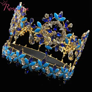 Baroko Visą Raundą Mis Pasaulis Karūną Tiara Su Mėlyna Kristalų, Cirkonio Princesė Karalienė Tiara RE3021