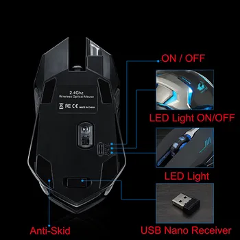 Belaidės Pelės Tylus Kompiuterio Pelės 1600DPI, Ergonomiškas pelės LED Apšvietimu Optinės Pelės Įkrovimo Žaidimų Pelėms Nešiojamas kompiuteris