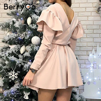 BerryGo Elegantiškas pynimas suknelė moterims Prašmatnus Backless Seksualus aline mini suknelė ponios Rudens žiemos atsitiktinis vientisos spalvos mini suknelė