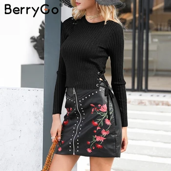 BerryGo Sexy nėrinių mezgimo megztinis Mados juoda rudens žiemos džemperis moterims Atsitiktinis šalto pečių elastinga streetwear megztinis