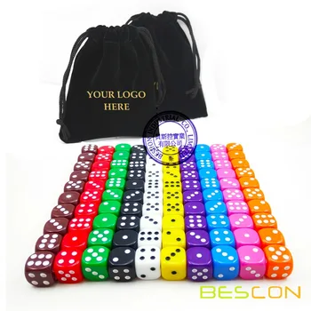 Bescon Multi-Colored 16MM Žaidimo Kauliukų Pakuotės 100vnt 10 Asorti Įvairių Spalvų - balta ir Juoda Aksomo Maišelis