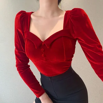 Beyouare Aksomo Elegantiškas Moteris Tee Top ilgomis Rankovėmis V-Kaklo Kietas Derliaus Atsitiktinis marškinėliai Rudenį Slim Seksualus Streetwear Marškinėliai 2020 m.