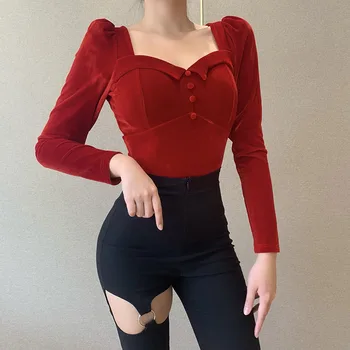 Beyouare Aksomo Elegantiškas Moteris Tee Top ilgomis Rankovėmis V-Kaklo Kietas Derliaus Atsitiktinis marškinėliai Rudenį Slim Seksualus Streetwear Marškinėliai 2020 m.
