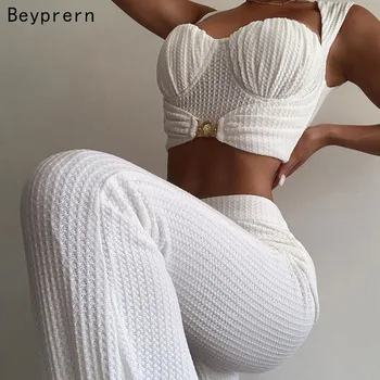 Beyprern Elegantiška Baltos Spalvos Dviejų Dalių Komplektas Moteriški Laisvalaikio Rankovių Detalės Pasėlių Viršų Ir Plati Koja Atitikimo Rinkinys, Rožinis Komplektus Streetwear