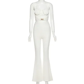 Beyprern Elegantiška Baltos Spalvos Dviejų Dalių Komplektas Moteriški Laisvalaikio Rankovių Detalės Pasėlių Viršų Ir Plati Koja Atitikimo Rinkinys, Rožinis Komplektus Streetwear