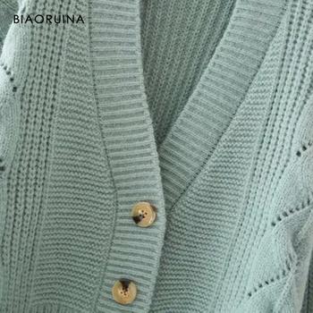 BIAORUINA Moterų Viena Breasted V-kaklo Prarasti Žalia Likvidavimo Megzti Megztinis Office Lady Visi-amatch Elegantiškas Megztinis Vienas Dydis