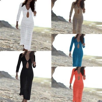 Bikinx Vasaros 2019 ilgai megzti paplūdimio cover up Pareo de plage maudymosi kostiumėlį padengti iki Paplūdimio suknelė moterims padengti-ups, Tuščiaviduriai iš kaftan