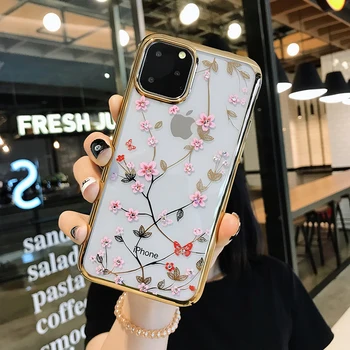 Bling Gėlių Aiškiai iPhone 12 Pro Max Mini Kristalų Anti-Oksidacijos Apkalos Minkštas gaubtas, Skirtas 