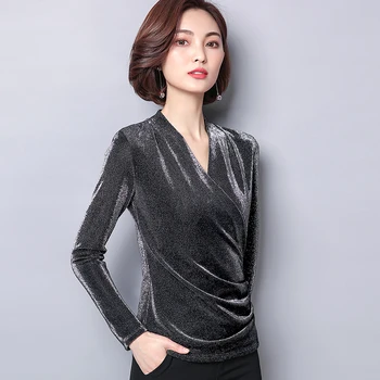 Blusas Mujer De Moda 2021 korėjos Blizga Lurex Moterų Viršūnes ir Palaidinės Plus Size Long Sleeve V-kaklo Palaidinė China Slim Moterų Marškinėliai
