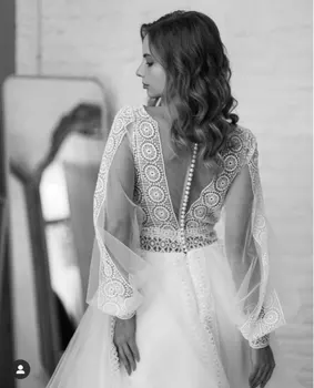 Bohemijos Vestuvių Suknelė 2020 Ilgomis Rankovėmis Boho Nuotakos Suknelės-Line V Kaklo Chalatas De Mariee Senovinių Nėrinių Princesė Vestuvių Suknelės