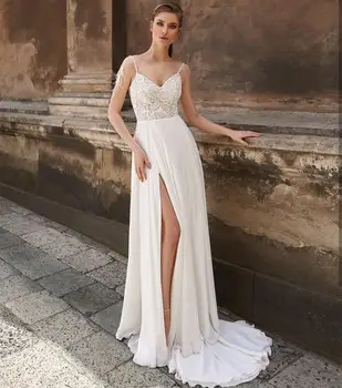 Bohemijos Vestuvių Suknelė iki 2021 m. Brangioji-line Minkšta Nėrinių Bei Šifono Pusėje Ritininės Spageti Dirželis Boho Pigūs Paprasta Vestuvinės Suknelės