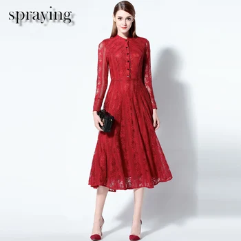 Boutique moteriški drabužiai ponios temperamentas elegantiška suknelė ilgomis rankovėmis Tuščiaviduriai iš nėrinių suknelės aukštos kokybės vintage Suknelė