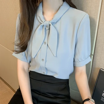Bowknot apykaklės šifono marškinėliai moteriška trumparankoviai 2020 korėjos versija vasaros naują pokylių mėlyna retro marškinėliai