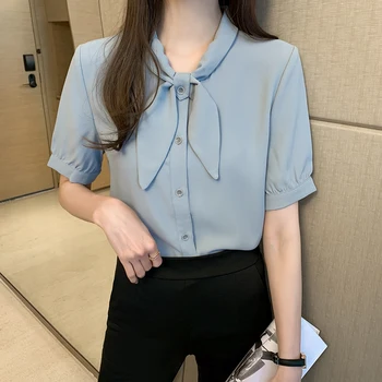 Bowknot apykaklės šifono marškinėliai moteriška trumparankoviai 2020 korėjos versija vasaros naują pokylių mėlyna retro marškinėliai