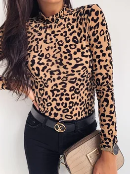CA Moterų Leopardas Spausdinti apykaklėmis Rudenį Long Sleeve T-shirts Šalių Topai