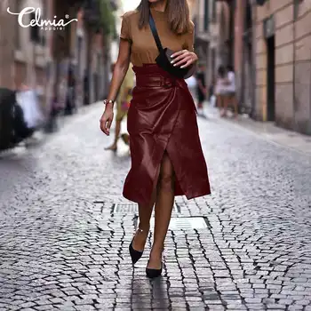 Celmia Moterų Mados PU Odos Sijonas Streetwear 2021 M. Rudenį Aukšto Juosmens Ritininės Elegantiškas Juostinės Atsitiktinis Biuro Midi Sijonai Plius Dydis