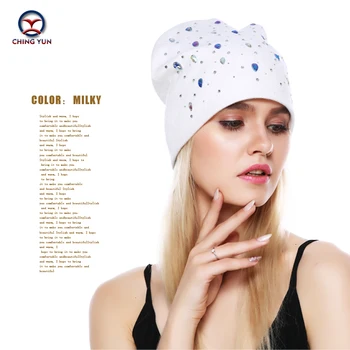 CHING YUN 2019 naujas Moterų Kašmyro megztiniai skrybėlę minkštas Žiemą Šiltas Gypsophila RhinestoneHigh Kokybės Moterų vientisos Spalvos Megzta kepurė