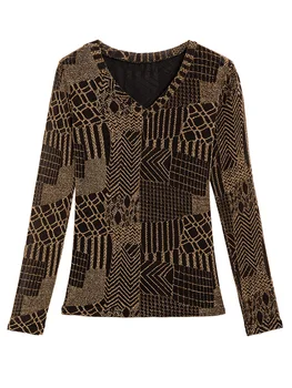 COIGARSAM 3XL Plus Size Visą Rankovės Moterų Marškinėliai Naujas Lurex V-Neck Tee Viršūnes Mėlyna Aukso 1325