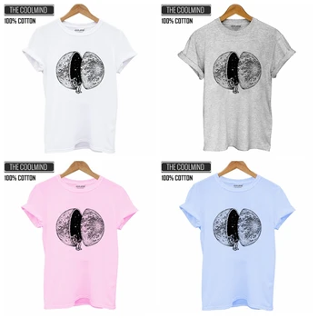 COOLMIND QI0233B medvilnės, trumpomis rankovėmis vasaros mėnulis spausdinti moterų marškinėliai atsitiktinis o-kaklo laisvus marškinėlius moterų marškinėliai tee marškinėliai
