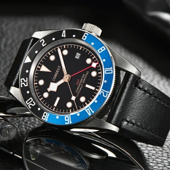 Corgeut Prabangos Prekės Black Dial GMT Vyrai Automatinis Mechaninis laikrodis Karinės Sporto Plaukti Laikrodis Odos Mechaninė Rankiniai Laikrodžiai