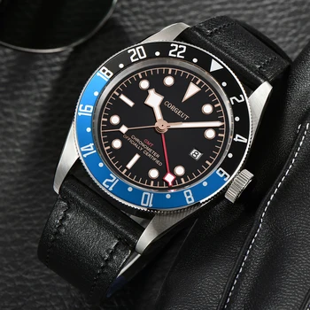 Corgeut Prabangos Prekės Black Dial GMT Vyrai Automatinis Mechaninis laikrodis Karinės Sporto Plaukti Laikrodis Odos Mechaninė Rankiniai Laikrodžiai