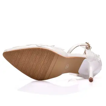 Crystal Karalienė womem sandalai balti vestuviniai bateliai vasaros elegantiškas Nėrinių Bowknot balta gėlė kryžiaus plikomis kojų storas kulnas naujas