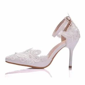 Crystal Karalienė womem sandalai balti vestuviniai bateliai vasaros elegantiškas Nėrinių Bowknot balta gėlė kryžiaus plikomis kojų storas kulnas naujas