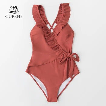 CUPSHE Kietos Plytos-raudonos V-kaklo Susiėmę vientisas maudymosi kostiumas Seksualus Nėriniai Moterų Monokini 2021 Naujas Merginų Paplūdimio Maudymosi Kostiumai, maudymosi Kostiumėliai,