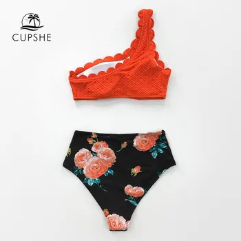 CUPSHE Raudona Troškinti Vieną Petį Aukšto juosmens Bikini Rinkiniai, Seksualus Bakas maudymosi kostiumėlį Dviejų dalių maudymosi Kostiumėliai Moterims, 2021 Paplūdimio Maudymosi Kostiumai