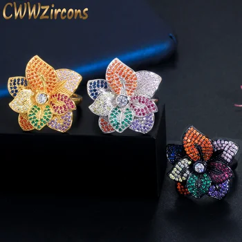 CWWZircons 3D Didelių Spalvotų Gėlių Reguliuojamas Atidaryti Žiedai Moterims Juodojo Aukso Kubinių Zirconia Sužadėtuvių, Vestuvių Papuošalai R142