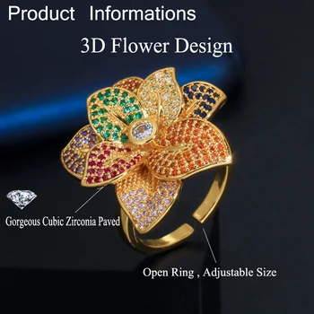 CWWZircons 3D Didelių Spalvotų Gėlių Reguliuojamas Atidaryti Žiedai Moterims Juodojo Aukso Kubinių Zirconia Sužadėtuvių, Vestuvių Papuošalai R142