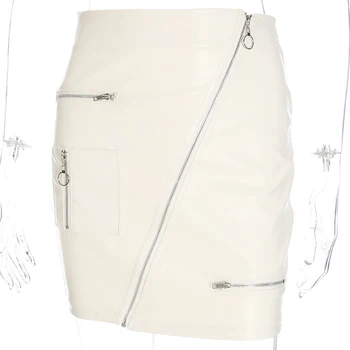 Darlingaga Stilingas PU odos sijonas įstrižas užtrauktukas kratinys aukšto liemens sijonas trumpas baltos seksualus bodycon sijonai moterims, mini apačioje