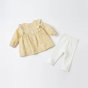 DBM17172 dave bella pavasario kūdikių mergaičių mielas gėlių spausdinti drabužių rinkiniai vaikams mados ilgomis rankovėmis komplektai vaikams 2 vnt kostiumas