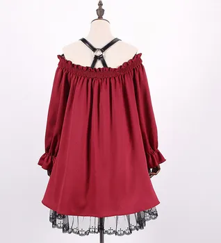 Derliaus Gothic Lolita Dress Moterų Off Peties, Juosmens Korsetas PU Diržo Nėrinių ilgomis Rankovėmis Ragana Vyno Raudona Suknelė Waistbelt Vestidos