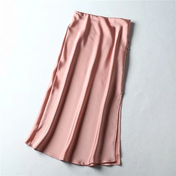 Derliaus Midi Sijonai Moterų 2020 M. Elegantiška Rožinės Spalvos Satino Sijonas Streetwear Ponios Aukšto Juosmens Ilgio Sijonai Sexy Linijos, Ritininės Sijonai